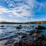 Der Berggeistsee mit Schilf und Herbstlaub unter blauem Himmel
