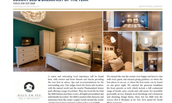 Zeitschriftenseite mit der Auszeichnung Luxury Bed & Breakfast of the Year für das Haus am See