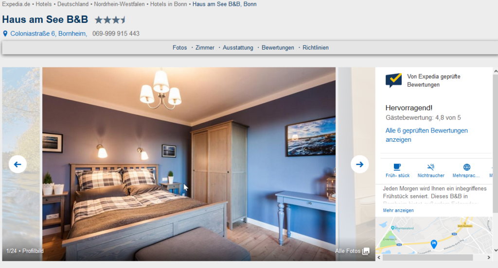 Bildschirmfoto des Eintrags Haus am See B&B auf einer Buchungsplattform